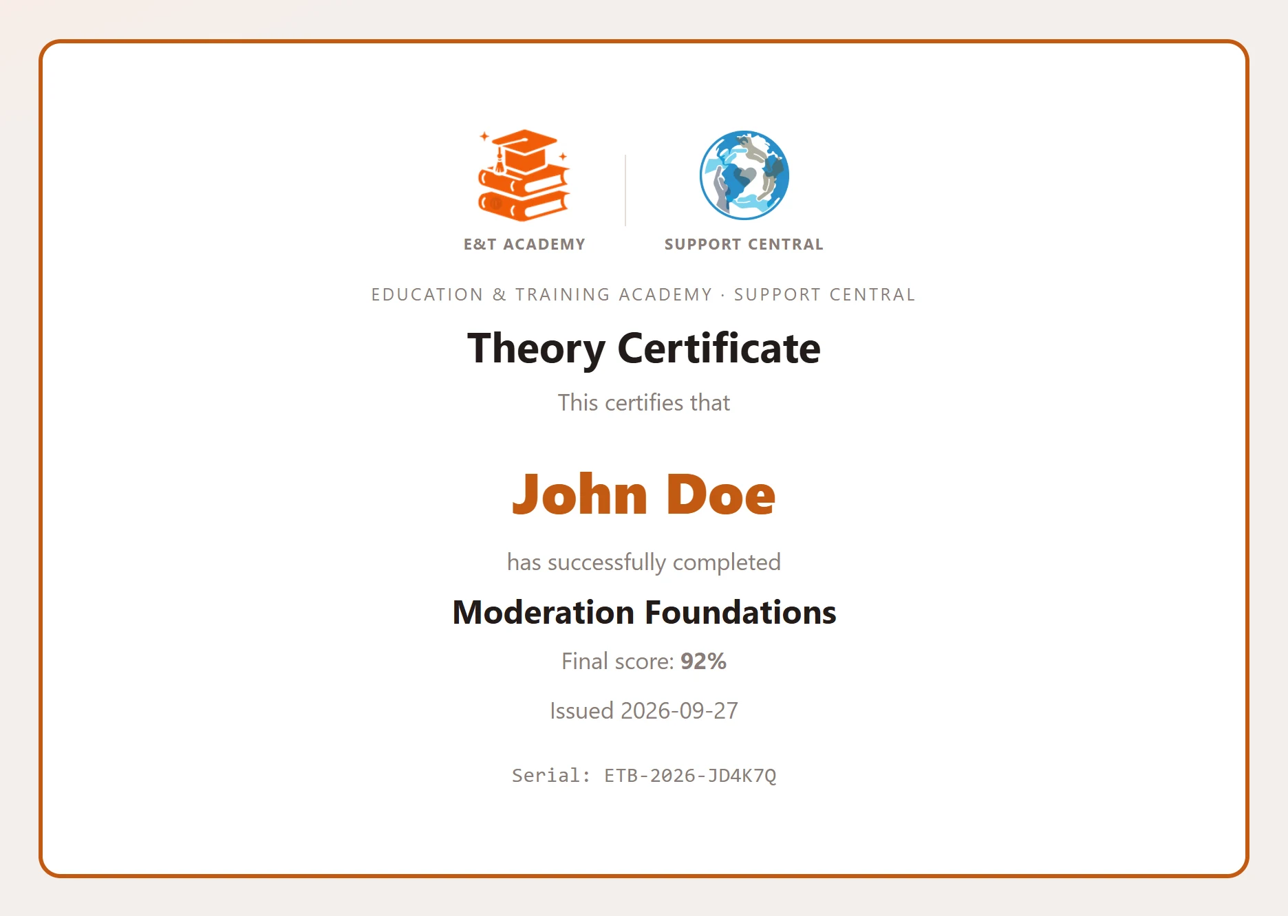 A Moderation Foundations certificate issued to John Doe, with its serial number