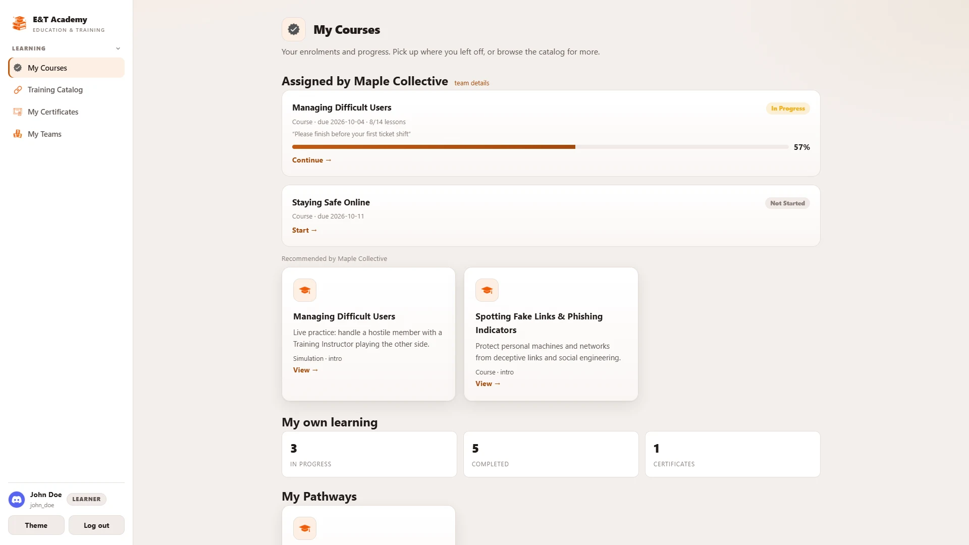 John Doe's My Courses page, showing training assigned by his community with progress and due dates