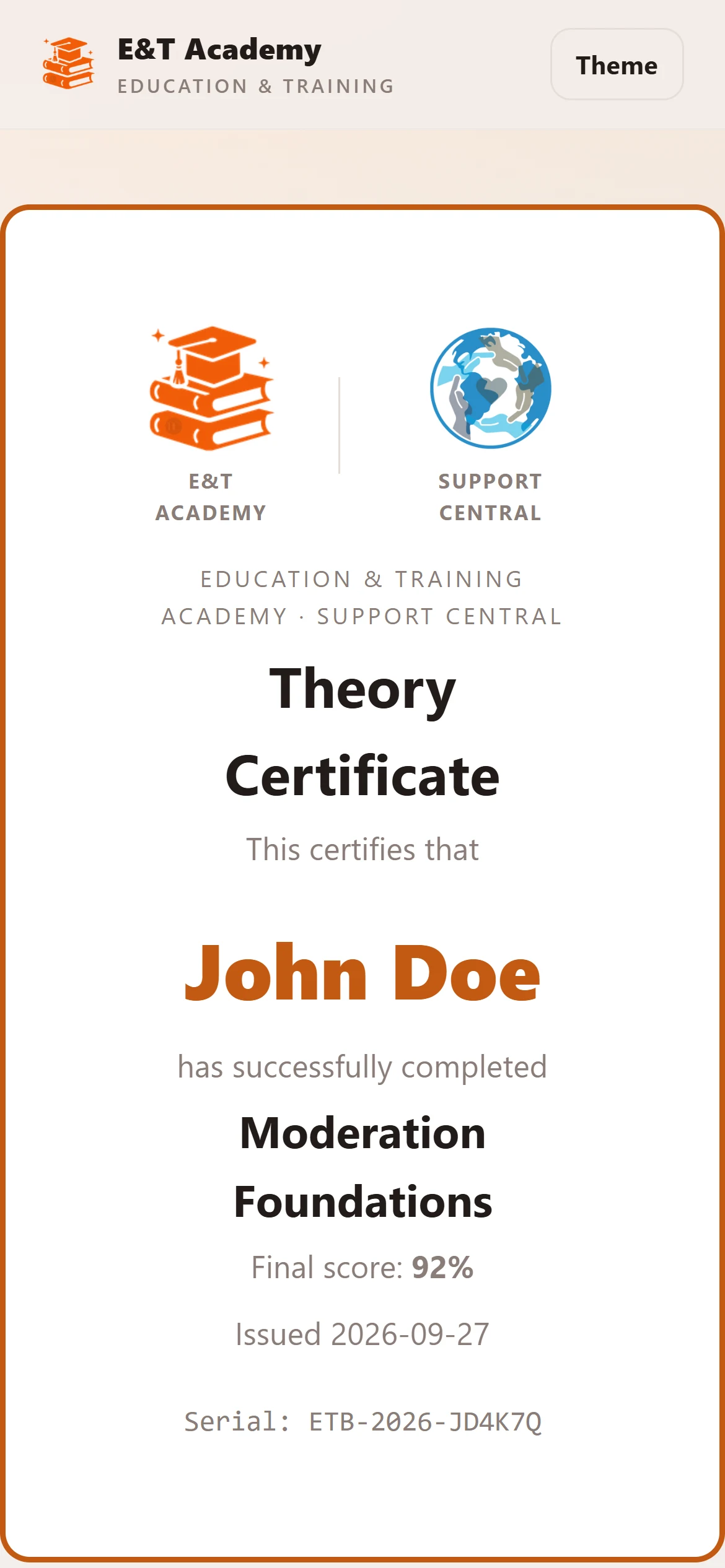 A certificate on a phone